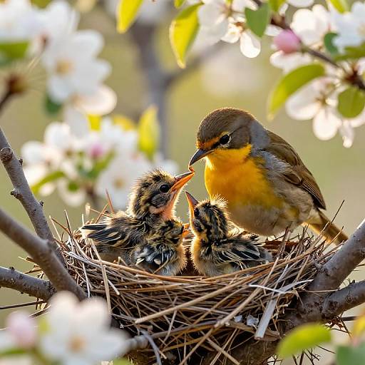 Mother Bird Feeding Chicks at Golden Hour