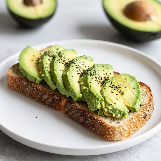 Photograph of avocado toast on a white plate, with ripe green avocado slices, black pepper, and whole grain bread. Background includes blurred halves of ripe