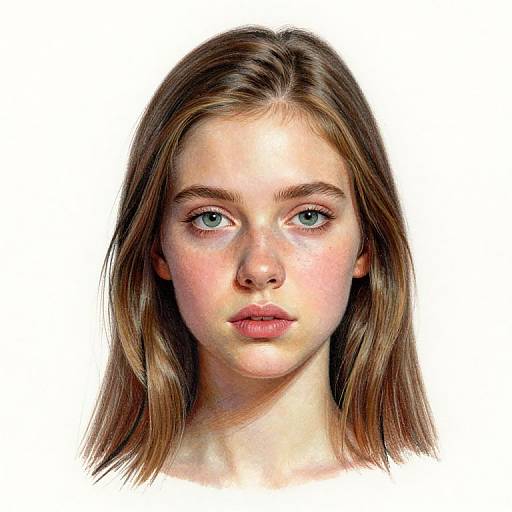 Digital portrait of a young Caucasian woman with fair skin, blue eyes, and long brown hair, gazing directly at the viewer.