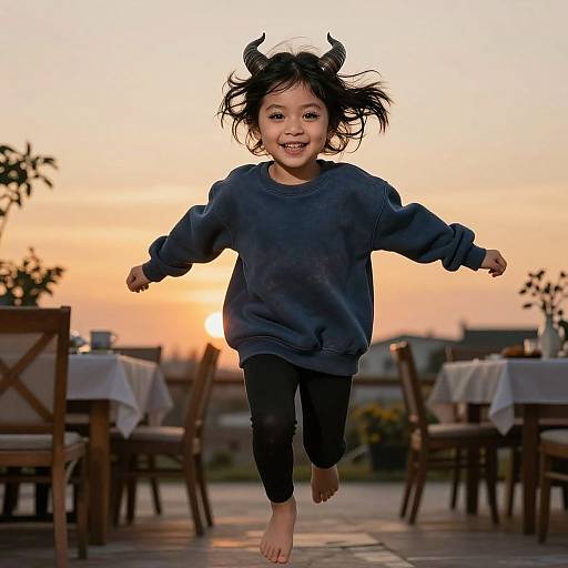 Photograph of a smiling Asian girl with black hair in small horns, wearing a navy sweater and black pants, jumping barefoot at sunset on a rooftop