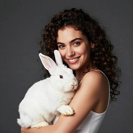 Photograph of a curly-haired woman with tan skin, smiling, wearing a white tank top, holding a fluffy white rabbit against a dark gray background.
