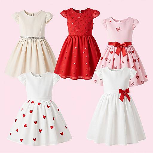 Photograph of four children's dresses in white, red, and pink patterns with hearts; each dress has a unique design and bow, arranged against a