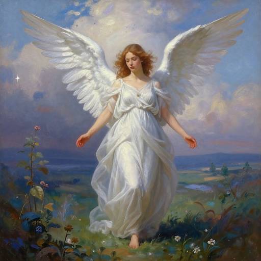 Digital painting of a serene angel with white wings and flowing dress, standing in a vibrant, flower-filled meadow under a blue sky with soft clouds.