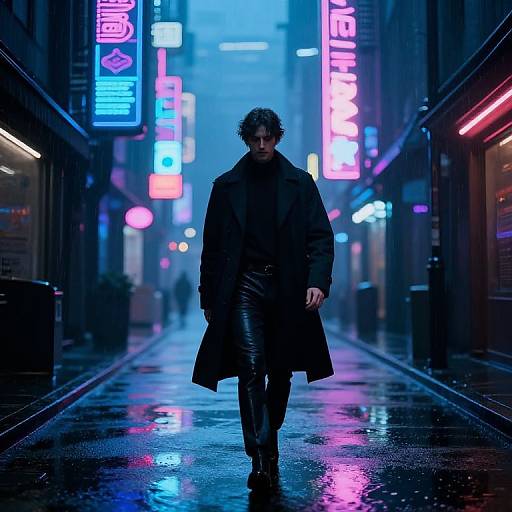 Neon-lit, rain-soaked urban street photograph: brooding man in black coat and leather pants walks center, surrounded by vibrant blue and pink