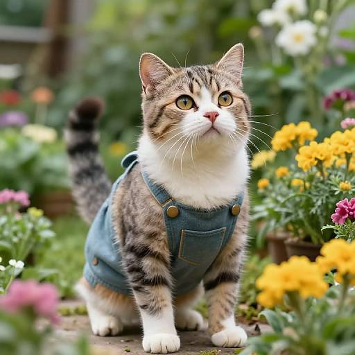 Cat in Overalls in Lush Garden