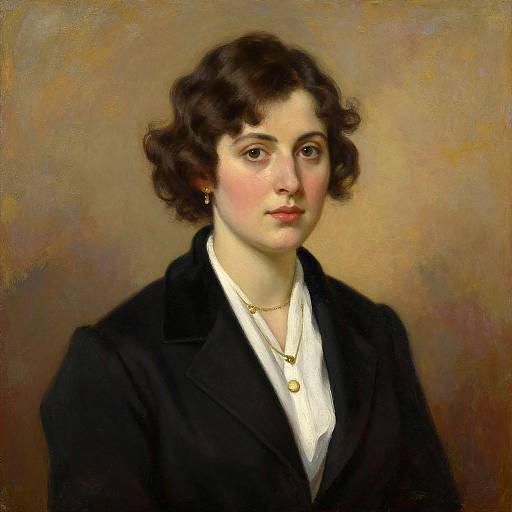 Photorealistic oil painting of a young woman with curly brown hair, fair skin, wearing a black coat, white blouse, and gold necklace, against