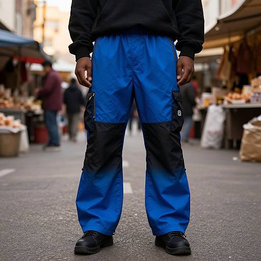 Photograph of a person standing on a busy street market, wearing black top and vibrant blue cargo pants with black accents. Blurred background features market stalls