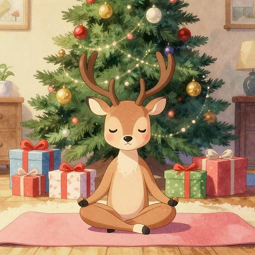 Cartoon reindeer meditating in front of a decorated Christmas tree with colorful presents, soft lighting, and cozy indoor setting.