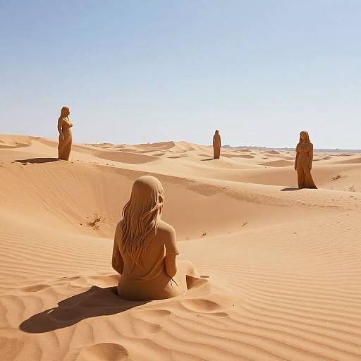 Photograph of a sandy desert with five silhouetted figures, including a blonde-haired person sitting in the foreground, under a clear blue sky.