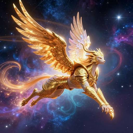 Digital artwork of a golden, winged armored horse with glowing accents flying through a cosmic, star-filled night sky with colorful nebulae.