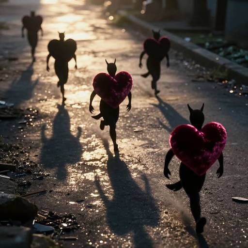 Photograph of four silhouetted black cats with pink heart-shaped fluffy collars running down a sunlit, wet, and litter-strewn