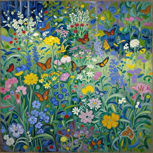 Vibrant oil painting of a lush, colorful meadow filled with diverse flowers and butterflies, set against a dark, forest-like background.