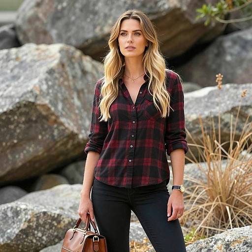 Blonde Woman in Plaid Shirt Outdoors
