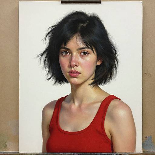 Digital portrait of a young woman with short, black, slightly messy hair, wearing a red tank top, against a plain white background. Realistic style