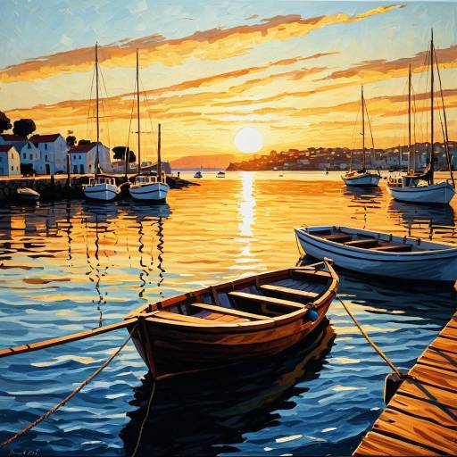 Wooden Boat at Sunset Harbor