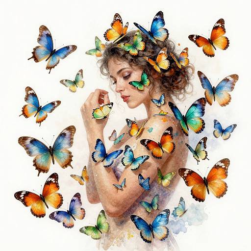 Serene Woman Amidst Vibrant Butterflies
