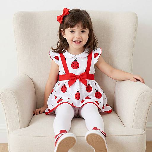 Photograph of a smiling young girl with brown hair and bangs, wearing a white dress with red strawberry patterns, red ribbon, and white tights