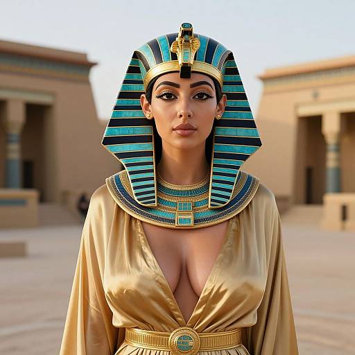 Digital artwork of a Middle Eastern woman with dark skin, large breasts, wearing an Egyptian headdress, gold robe, and blue-striped necklace, standing in