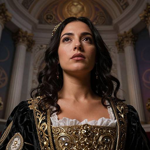 Photograph of a dark-haired woman with wavy hair, wearing an ornate gold and black medieval-style gown, standing in an opulent, classical