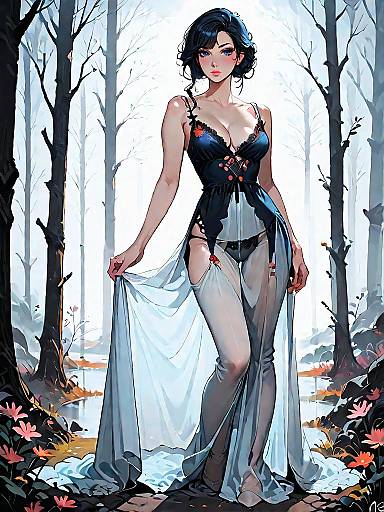 Elegant Woman in Lace Nightgown in Dark Forest