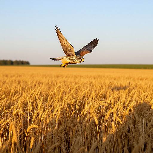 Photograph of a hawk with brown and white feathers soaring over a golden wheat field under a clear blue sky.
