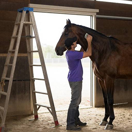 Man Grooming Dark Brown Horse in Barn