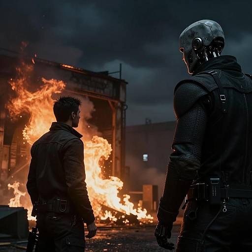 Cybernetic Men Overlooking Burning Building