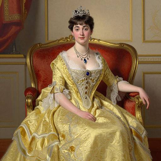 Digital painting of a regal woman in a golden, lace-trimmed gown, seated on an ornate red chair, adorned with a tiara