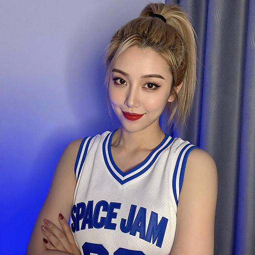Portrait of Blonde Asian Woman in Space Jam Jersey