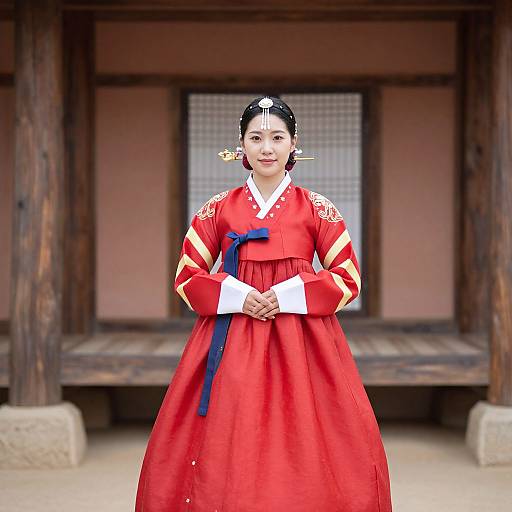 Woman in Korean Red Folk Dress