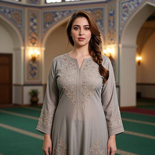 Photograph of a young woman with long brown hair, wearing an elegant gray embroidered kameez, standing in a richly decorated mosque with patterned