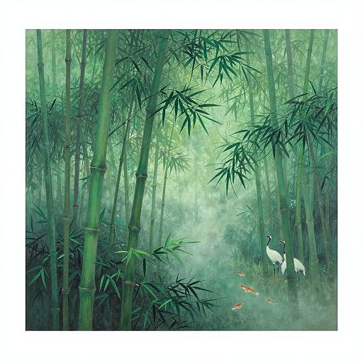 Digital painting of a misty bamboo forest with a white crane standing beside a serene pond filled with orange koi fish.