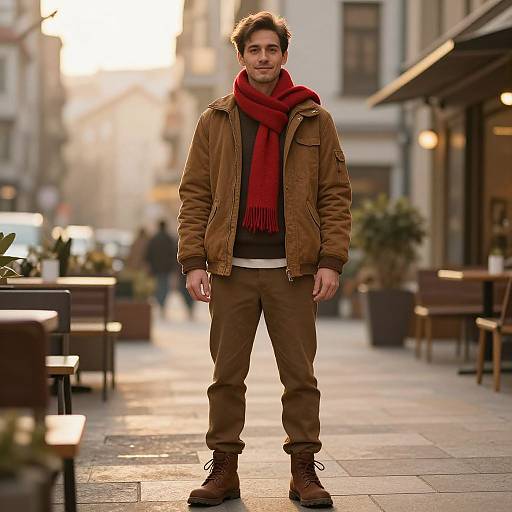 Man in Brown Outfit with Red Scarf in Urban Setting