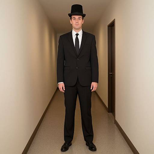 Photograph of a man in a black suit, tie, and fedora, standing in a long, empty, white hallway with wooden doors.