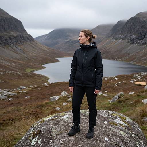 Photograph of a woman with brown hair in a ponytail, wearing a black jacket and pants, standing on a mossy rock, looking at a