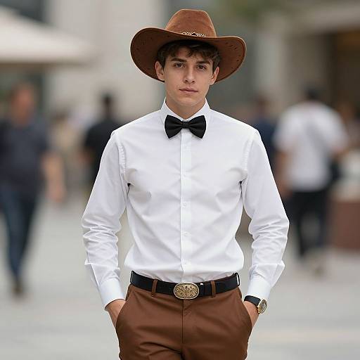 Photograph of a young man with light skin, wearing a brown cowboy hat, white shirt, black bow tie, brown pants, and black belt with