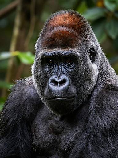 Photograph of a majestic black gorilla with a reddish-brown crown, intense dark eyes, and dense black fur, set against a blurred green