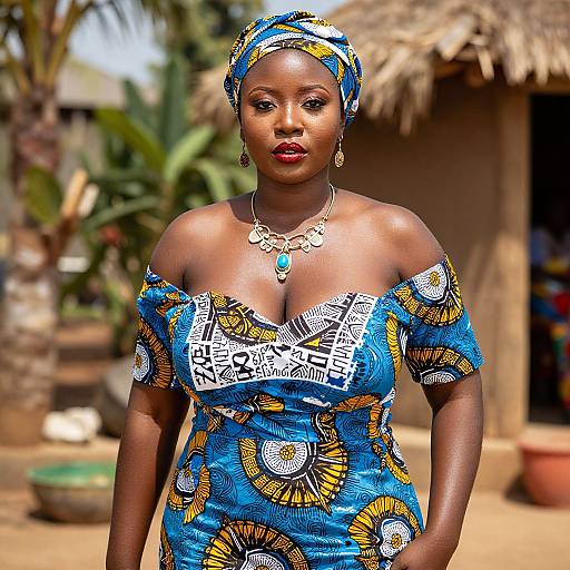 Photograph of a confident Black woman in a vibrant blue, yellow, and white patterned off-shoulder dress and matching headwrap, adorned with