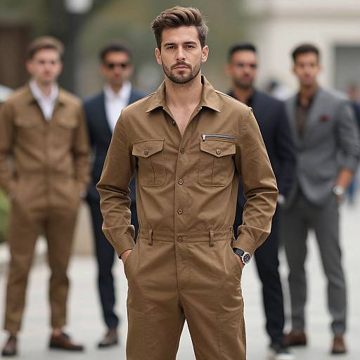 Photograph of a handsome, bearded man with short brown hair, wearing a tan button-up jumpsuit, standing confidently in front of four blurred men
