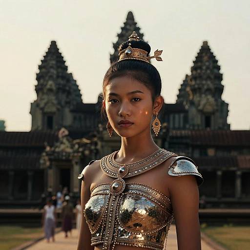 Cambodian Woman in Traditional Costume at Angkor Wat