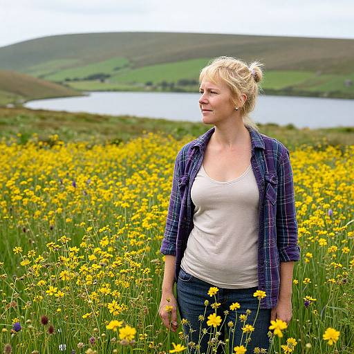 Photograph of a blonde woman with a bun, wearing a white tank top and plaid shirt, standing in a vibrant yellow wildflower field with a