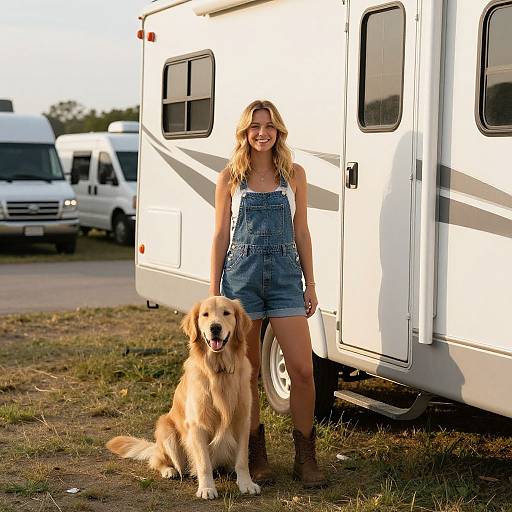 Photograph of a smiling blonde woman in denim overalls and brown boots standing beside a golden retriever in front of a white RV, with other RV