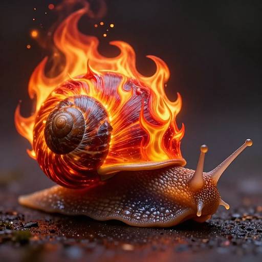 Photograph of a snail with a spiraled shell engulfed in bright, orange flames against a dark, textured background.