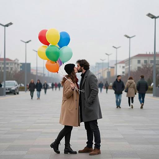Romantic Urban Kiss with Colorful Balloons