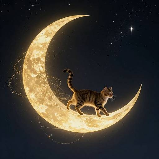 A glowing, striped tabby cat walks on a luminous, crescent moon against a starry night sky, with a single bright star in the