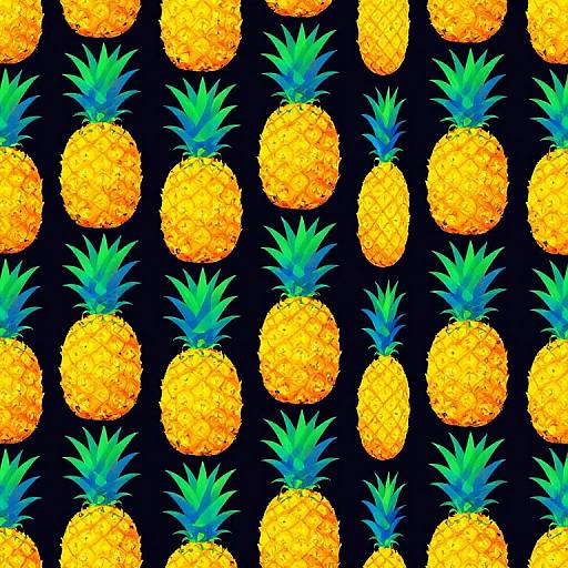 Seamless pattern of bright yellow pineapples with green spiky tops on a black background, digitally illustrated in a vibrant, cartoonish style.