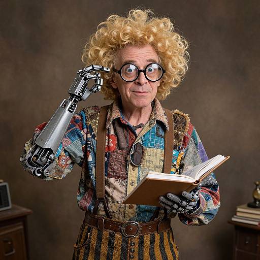 Photograph of an elderly woman with curly blonde hair, round glasses, robotic arm, patchwork shirt, brown suspenders, and holding a book,