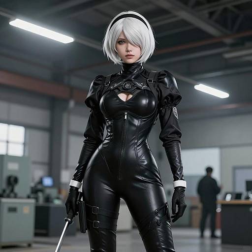 Woman in Black Leather Tactical Outfit in Industrial Warehouse