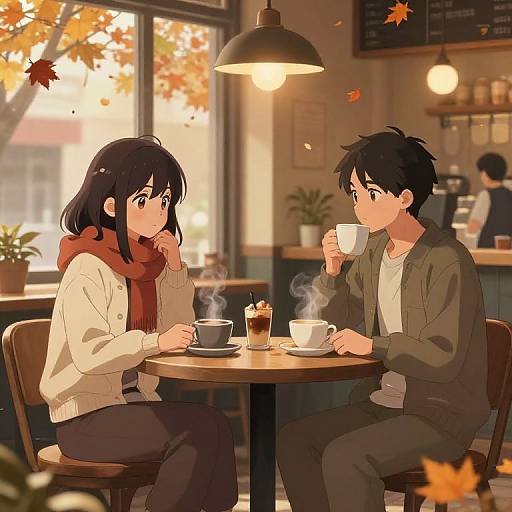 Anime-style drawing of a black-haired couple sitting at a wooden café table, sipping hot drinks, wearing autumn clothes, under warm light.