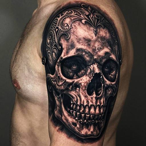 Photograph of a muscular male arm with a detailed, realistic black and grey tattoo of a skull with ornate patterns on the shoulder.